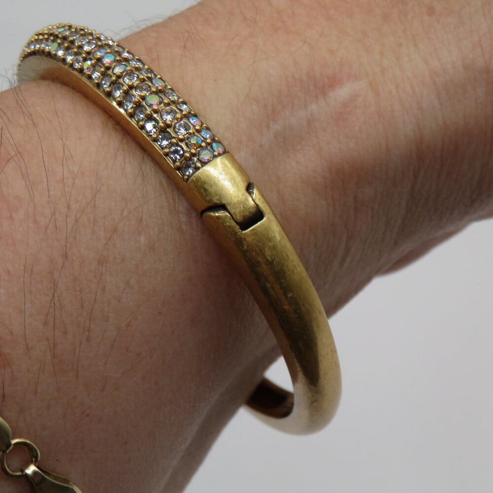 J.Crew Rhinestone Yellow Gold Tone Hinged Bracelet - Picture 3 of 10